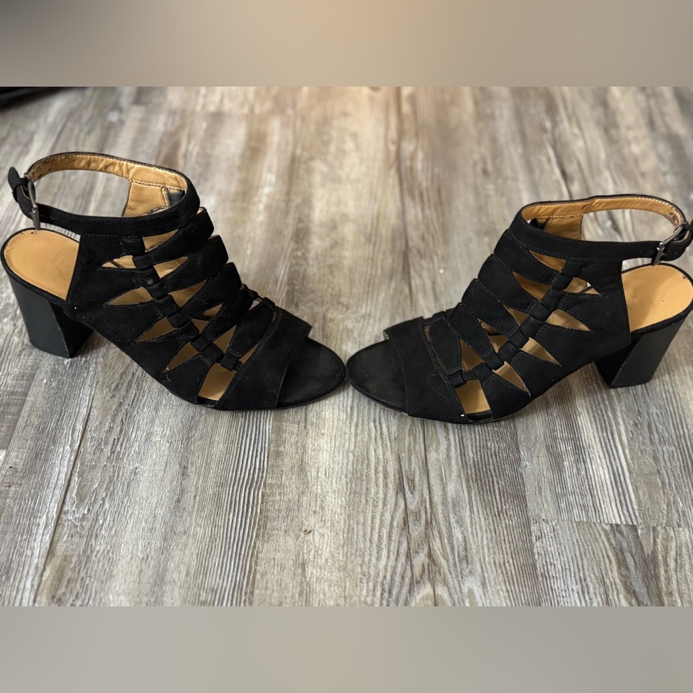 Franco Sarto Black Heeled Sandals with Strappy Design